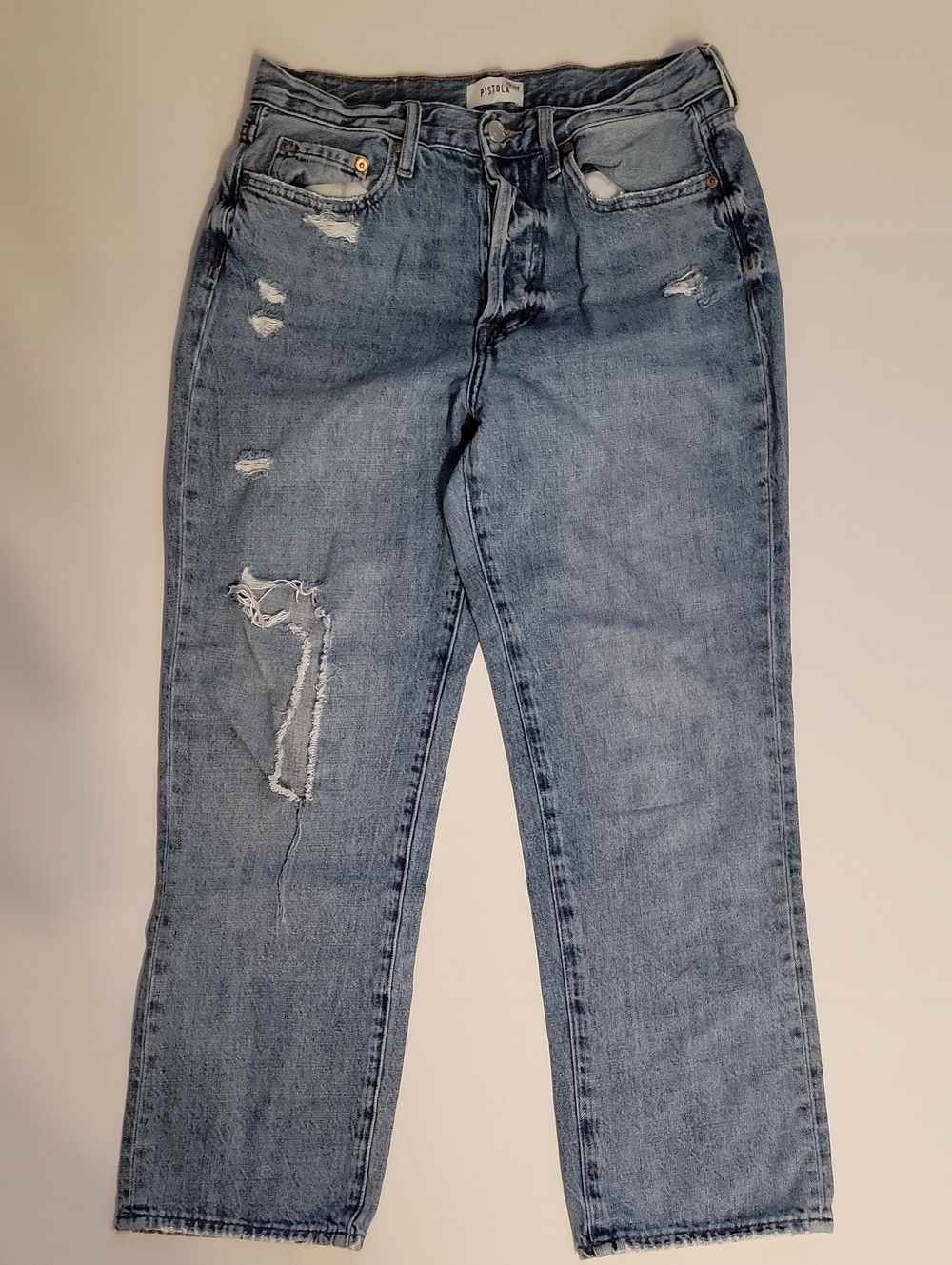 Pistola High Rise Distressed Straight Leg Button Fly Jeans Blue Denim Wash Sz 29